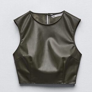 Zara Olive Green Faux Leather Crop Top